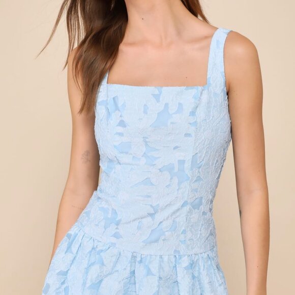 Lulus Exuberant Elegance Light Blue Jacquard Drop Waist Mini Dress - Size S - Picture 4 of 4